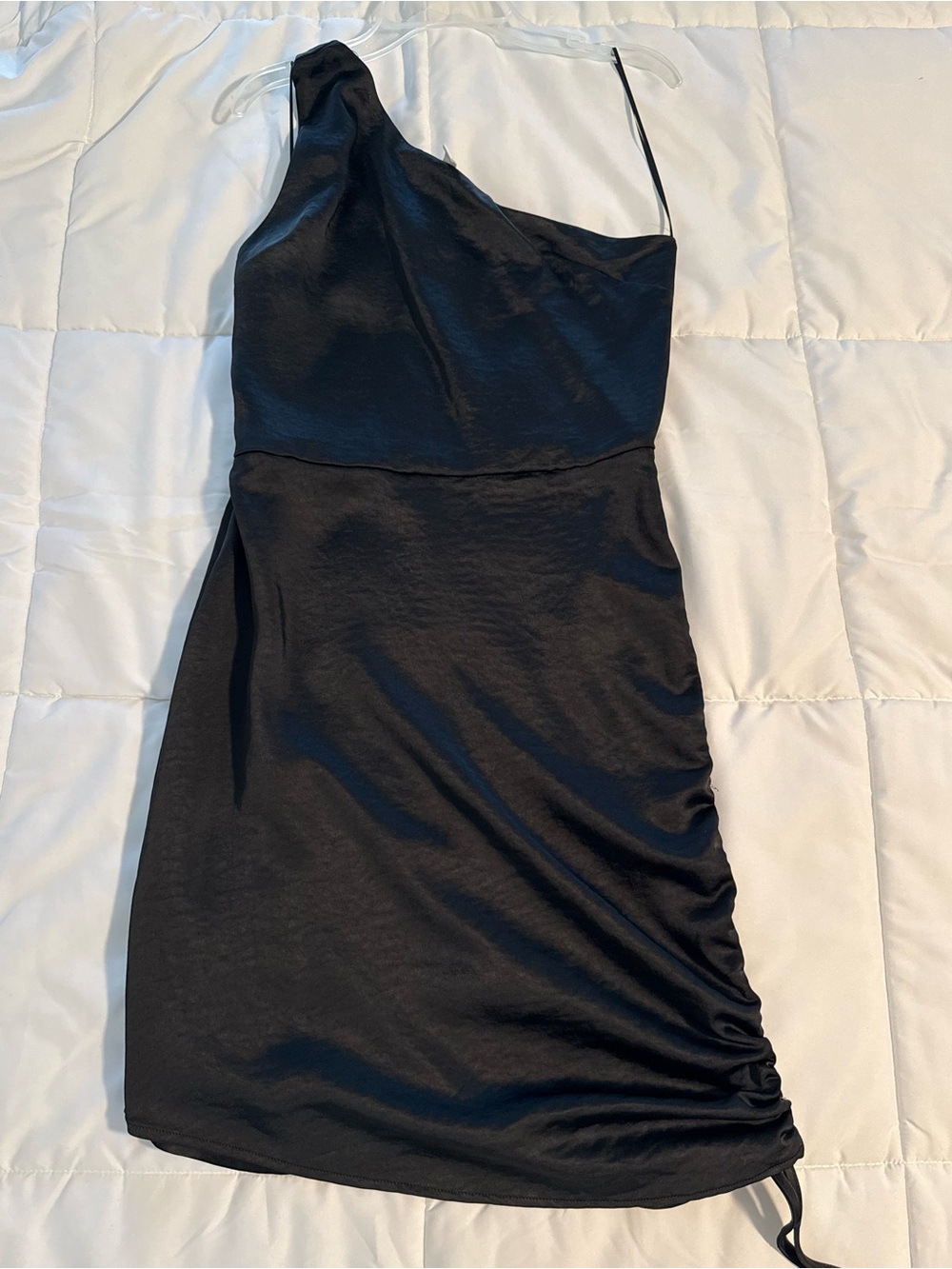 glam One-Shoulder Black Satin Mini Dress